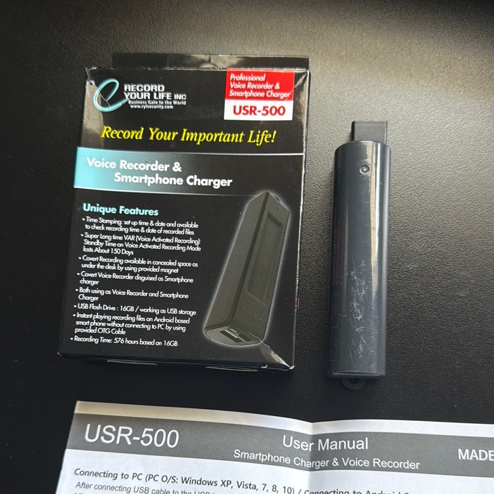 Record Your Life USR-500 Voice Recorder & Smartphone Charger - Black